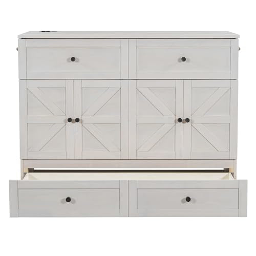 YOPTO Full Size Murphy Bed Chest,Folding Storage Wall Bed with Large Drawers,USB Ports & 2 Three-Prong Outlets,Hidden Cabinet Platform Bed W/Wood Slats Support,for Bedroom,Guest Room,Brushed White YOPTO