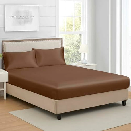 Queen Silk Satin Fitted Sheet, Soft Deep Pocket Single Bottom Bed Sheets Sold Separately, Wrinkle Free, Non- Fading, Breathable, Fully Elasticized(Queen Size, Brown) Lanest Housing