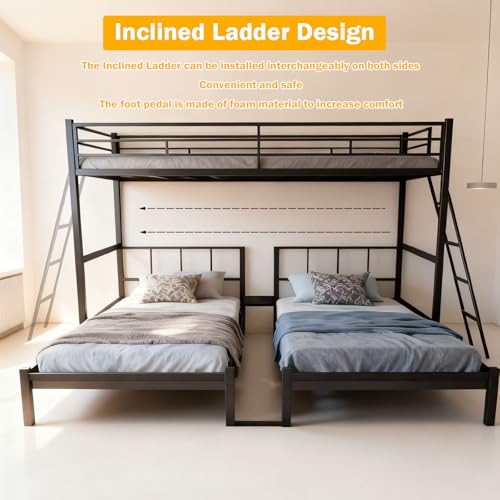 CXRCY Heavy Duty Triple Bunk Bed, Twin Over Twin Over Twin with Guardrails, Inclined Ladder & Storage, Detachable Metal Bunk Bed for 3, Converts to 3 Separate Twin Beds CXRCY