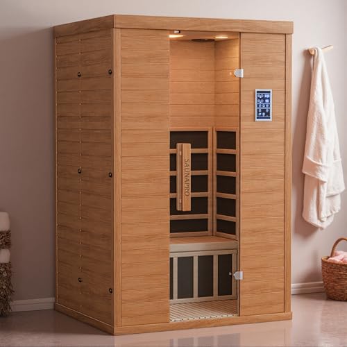 Polar Aurora 2- Person Infrared Sauna, Remotely Controllable Indoor Sauna, Low EMF 1500W/120V LCD Heater, WiFi & BT Control, 9-Color Light Therapy, Safe Flame-Retardant Material, Wood Polar Aurora