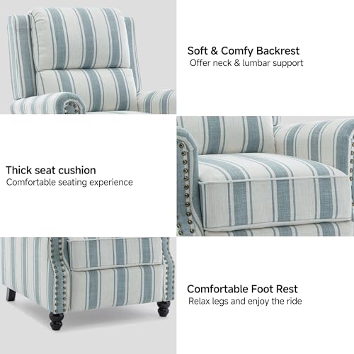 Blissabod Pushback Recliner Chair, Striped Fabric Wingback Recliner Chair, Upholstered Push Back Armchair Recliner, Single Sofa with Trim Wood Legs for Living Room (Blue)