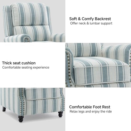 Blissabod Pushback Recliner Chair, Striped Fabric Wingback Recliner Chair, Upholstered Push Back Armchair Recliner, Single Sofa with Trim Wood Legs for Living Room (Blue) Blissabod