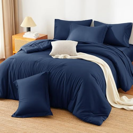 HIMEET Queen Comforter Set - 7 Pieces Bed in a Bag Queen Size, Luxury Comforter Set with Sheets for All Season, Bed Set with Comforter, Flat Sheet, Fitted Sheet, Pillowcases & Shams, Navy Blue HIMEET