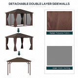 Outsunny 10' x 12' Hardtop Gazebo with Curtains and Netting, Permanent Pavilion Metal Single Roof Gazebo Canopy with Aluminum Frame and Hooks, for Garden, Patio, Backyard, Brown Outsunny