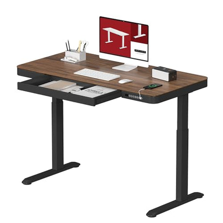 SANODESK Standing Desk with Drawer, Electric Height Adjustable Home Office Desk with Storage & USB Ports, 48 inch Black Walnut Wood Tabletop/Black Frame SANODESK