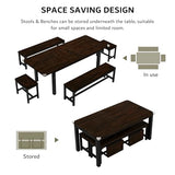 iPormis 5-Piece Dining Table Set for 4-8 People, Extendable Kitchen Table Set with 2 Benches and 2 Square Stools, Mid-Century Dining Room Table with Metal Frame & MDF Board, Saving Space, Espresso iPormis