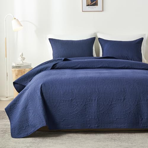 akkialla Queen Quilt Bedding Set,Navy Blue Ultrasonic Full/Queen Quilt Set,Lightweight Soft Bedspread Coverlet,Modern Style Coin Pattern Bed Cover for All Seasons,3 Piece(1 Quilt,2 Pillow Shams) akkialla