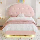 Decofy Cookie Twin Upholstered Bed Frame with LED Lights, Floating Bed Frames with Adjustable Headboard and Raised Footboard for Princess/Prince Bedroom, Teddy Velvet（Pink） Decofy