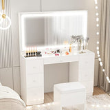IRONCK Vanity Desk with LED Lighted Mirror & Power Outlet, 7 Drawers Makeup Vanities Table with Stool, for Bedroom, White IRONCK