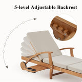 HOMREST Wood Outdoor Chaise Lounge Chair, 83x23in Patio Lounge Recliner with Adjustable Backrest, Cushioned Seat, Wheels, Slide-Out Side Table & Cup Holder, Beige