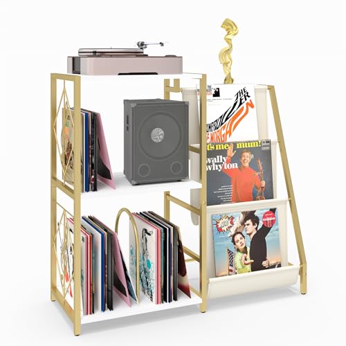 INHABIT UNION Record Player Stand, Turntable Stand with 3-Tier Vinyl Storage, Vinyl Record Stand Storage up to 200+ Albums,Vinyl Display Holder Shelf for Living Room,Bedroom(Glod White) INHABIT UNION
