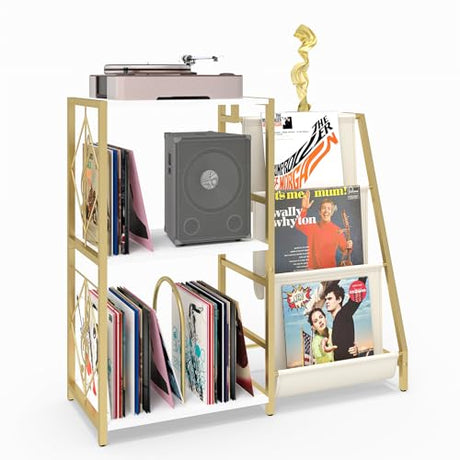 INHABIT UNION Record Player Stand, Turntable Stand with 3-Tier Vinyl Storage, Vinyl Record Stand Storage up to 200+ Albums,Vinyl Display Holder Shelf for Living Room,Bedroom(Glod White) INHABIT UNION