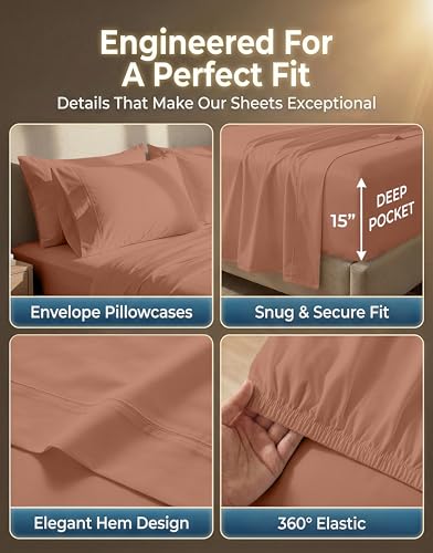 LANE LINEN Bed Sheets Queen Size – Premium 600 Thread Count Long-Staple 100% Cotton Sheets Queen Size Set, Hotel Luxury Soft & Cool Sateen Finish, Fully Elasticized 15" Deep Pocket – Rose Dawn LANE LINEN