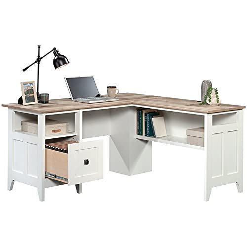 Sauder August Hill L-Shaped Home Office Desk in Soft White, Soft White finish - WoodArtSupply