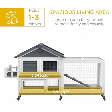 PawHut 65" Wooden Rabbit Hutch, Guinea Pig Hutch, Pet Playpen with Openable Roof, Bunny House Enclosure with Wheels, Storage Box, Slide-Out Tray, Ramp for Small Animals, Gray PawHut