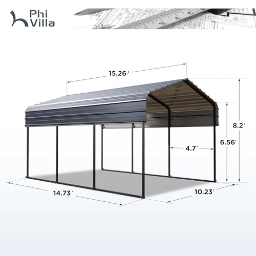 PHI VILLA 10 x 15 ft Heavy Duty Carport with Galvanized Steel Roof Multi-Use Shelter, Sturdy Metal Carport for Cars, Boats, and Tractors PHI VILLA