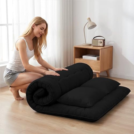 Cosovia Japanese Floor Mattress Futon Mattress, 3.5 Inch Thick Foldable Roll Up Tatami Mat with 2 Pillow Covers, Twin Size Floor Bed for Guest Room Dorm Camping Kids, Black Cosovia