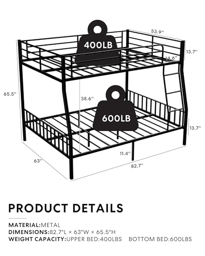 Miscoos Full XL Over Queen Metal Bunk Bed, Heavy-Duty Bed Frame with EVA Rubber Cover Ladder & Safety Guardrails, Space-Saving Sturdy Queen Bunk Bed for Adults & Teens, Black Miscoos