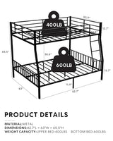 Miscoos Full XL Over Queen Metal Bunk Bed, Heavy-Duty Bed Frame with EVA Rubber Cover Ladder & Safety Guardrails, Space-Saving Sturdy Queen Bunk Bed for Adults & Teens, Black Miscoos
