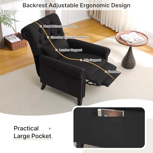 choairy Pushback Recliner Chair, Accent Push Back Chairs with Adjustable Footrest, Upholstered Linen Reclining Sofa with Side Pocket, Comfy Modern Armchair for Living Room, Bedroom, Black