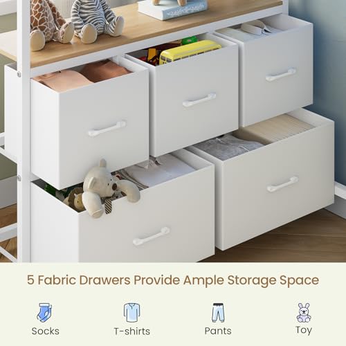 DICTAC Bunk Bed with L-Shaped Desk,5 Storage Drawers and 2 Shelves Metal Twin XL Over Twin Bunk Bed with LED Lights and Charging Station,bunk Beds with Safety Guardrail & Ladder,Space-Saving,White DICTAC