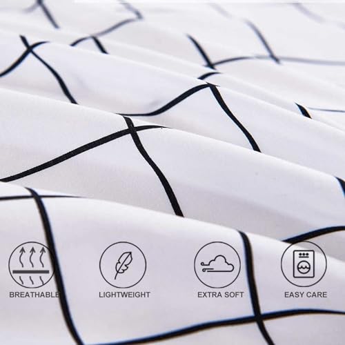 Faincy Full Comforter Set, White Black Grid Geometric Plaid Pattern Printed Reversible Comforter - Size 80 x 90 3PC Soft Microfiber Duvet Sets 2 Pillowshams Modern Bedding in a Bag for Women Men Teen Faincy