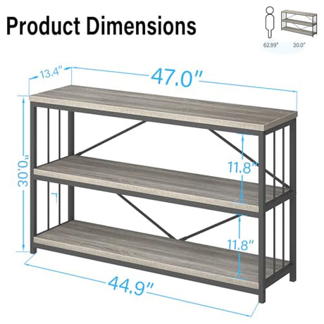 LVB Farmhouse Entryway Table, Metal Wood Console Table for Hallway, Industrial Rustic Sofa Table with 3-Tier Storage Shelf, Modern Entry Table for Foyer Front Home Living Room, Light Grey Oak, 47 inch LVB
