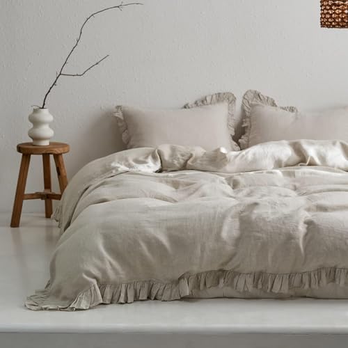 Simple&Opulence 100% Linen Duvet Cover Set, 3 PCS Natural French Flax Ruffle Duvet Cover Queen Size, Breathable Comfy Linen Bedding Comforter Cover with 2 Pillowcases (Natural Linen, 88" X 92") Simple&Opulence