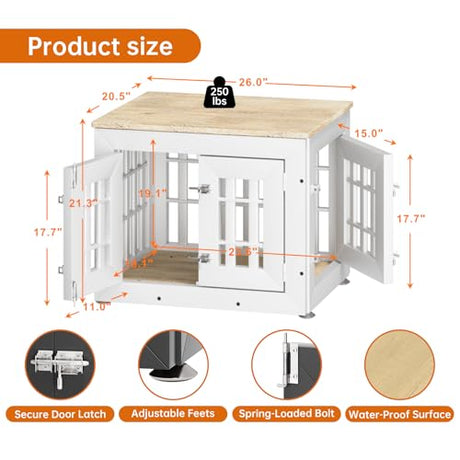 Snuowu 26" Heavy Duty Dog Crate Furniture for Small,Medium and Large Dogs,Rustic Wooden Dog Cage Kennel Indoor Furniture with Waterproof Top,Decorative Pet House Side End Table (White & Wood) Snuowu