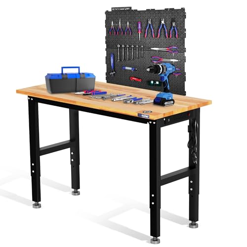 WORKPRO 48" Adjustable Garage Workbench, with Rubber Wood Top & Power Outlets + 2 Pack 16”x 32” Metal Pegboard, 1500 LBS Load Capacity Hardwood Worktable with Leveling Foot, for Workshop, Garage WORKPRO