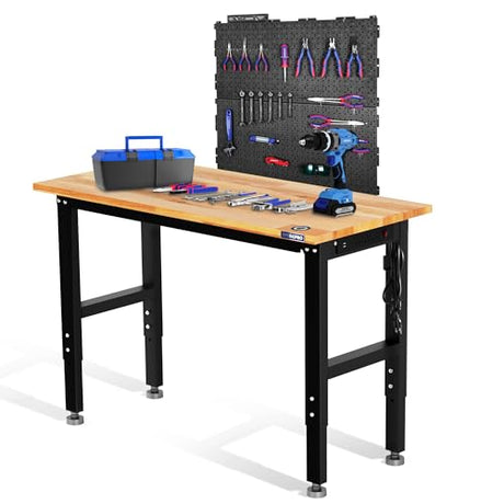 WORKPRO 48" Adjustable Garage Workbench, with Rubber Wood Top & Power Outlets + 2 Pack 16”x 32” Metal Pegboard, 1500 LBS Load Capacity Hardwood Worktable with Leveling Foot, for Workshop, Garage WORKPRO