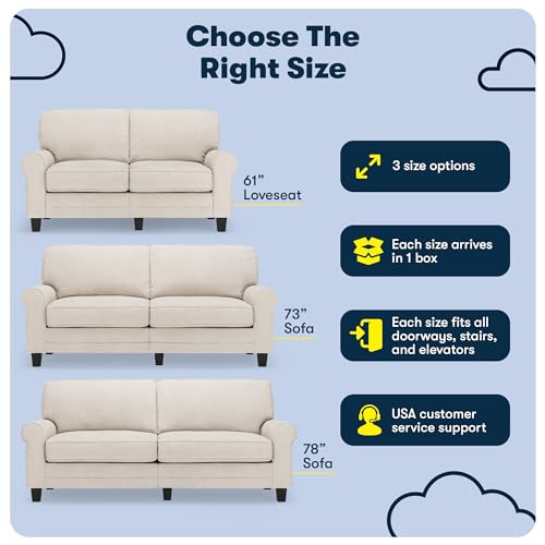 Serta Copenhagen 61" Rolled Arm Sofa, Easy Care Polyester, Soft Pillow Back, Pocket Coil Seat Cushions, Removable Covers, Loveseat or Couch for Small Spaces, Living Rooms or Bedrooms, Cream White Serta