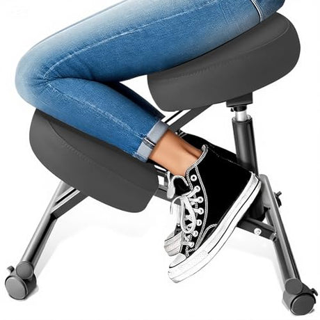 PU Leather Ergonomic Kneeling Chair, Adjustable Home and Office Stool with Thick Pads and Flexible Lockable Brake Wheels for Back Pain Relief（Dark Gray） DENGTELI