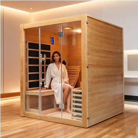 TaTalife Dual System Sauna Room with Recliner, Luxurious Far Infrared & Steam Indoor Saunas, 2-3 Person Red Cedar Home Hybrid Sauna, 220V/ 6KW Harvia Electric Heater, Bluetooth Speaker TaTalife