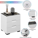 kepptory White Smart Nightstand with Wireless Charging Station & Adjustable LED Lights, High Gloss End Table with 3 Drawers & USB Charging, Bedside Table Organizer for Bedroom Use kepptory