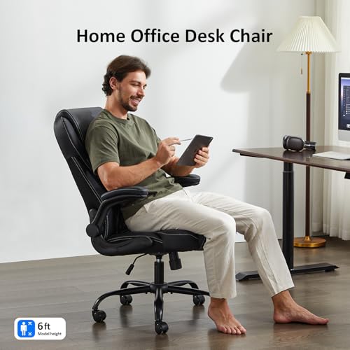 amseatec Office Chair, Executive PU Leather Chair Home Office Desk Chairs, Ergonomic Computer Desk Chair with Adjustable Flip-Up Arms, Lumbar Support Swivel Task Chair with Rocking Function (Black) amseatec