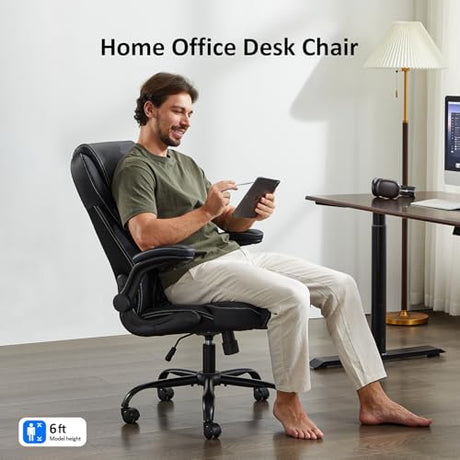 amseatec Office Chair, Executive PU Leather Chair Home Office Desk Chairs, Ergonomic Computer Desk Chair with Adjustable Flip-Up Arms, Lumbar Support Swivel Task Chair with Rocking Function (Black) amseatec