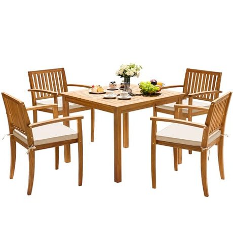 Greesum 5 Piece Patio Dining Set Outdoor Solid Wood Furniture for Yard, Garden, Porch w/Square Tabletop & 4 Chairs, White Greesum