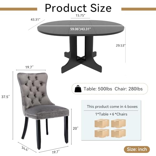 Maotifeys Modern 7-Piece Oval Extendable Dining Table Set for 6,Wood Expandable Kitchen Table Set with 6 Tufted Chairs,43"-59" Round Extendable Dining Room Tables with Pedestal Base Maotifeys