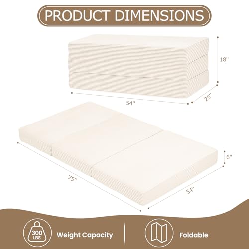 feliz home 6-Inch Tri-Fold Mattress Full Size - Foldable Futon Sofa Bed with Removable Washable Cover, Folding Memory Foam Futon Mattress | Non-Slip Bottom & Carry Handles for Guest, Camping, Dorm feliz home