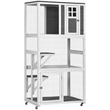 PawHut 74" Wooden Catio Outdoor Cat House Weatherproof & Wheeled, Outside Cat Enclosure with High Weight Capacity, Kitten Cage Condo, Gray PawHut
