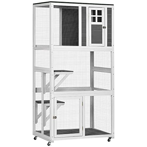 PawHut 74" Wooden Catio Outdoor Cat House Weatherproof & Wheeled, Outside Cat Enclosure with High Weight Capacity, Kitten Cage Condo, Gray - WoodArtSupply