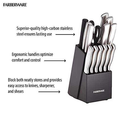 Farberware 15-Piece High-Carbon Stamped Stainless Steel Kitchen Knife Set with Wood Block, Steak Knives, Razor-Sharp, Black, Ultra-Sharp Blades, Ergonomic Comfort Grip Farberware
