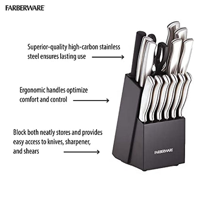 Farberware 15-Piece High-Carbon Stamped Stainless Steel Kitchen Knife Set with Wood Block, Steak Knives, Razor-Sharp, Black, Ultra-Sharp Blades, Ergonomic Comfort Grip