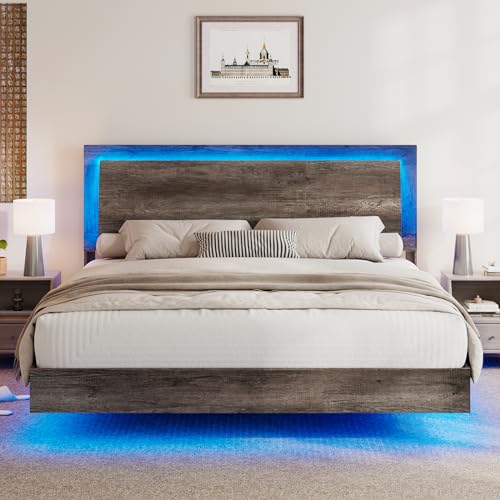 LUXOAK Rustic Grey Floating Platform Bed Frame with LED Headboard & Easy Assembly - WoodArtSupply