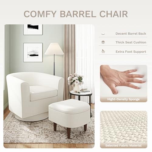 COLAMY Upholstered Swivel Barrel Accent Chair with Ottoman, Modern Single Sofa Lounge Armchair Club Chair with Storage Space for Living Room Bedroom Office, Beige,2pc COLAMY