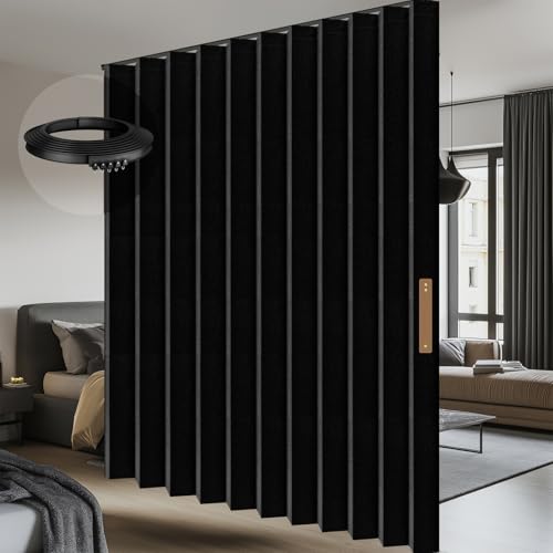 100% Blackout Accordion Room Divider Curtains - with Flexible Ceiling Track Total Privacy Sound Proof Curtains Suitable for Bedroom Patio Sliding Door(Black, W100 x L84, 1 Pack) AJAZZ