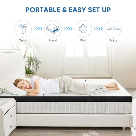 KMFurnila Folding Memory Foam Mattress, 4" Tri-Fold Single Mattress Topper with Washable Cover, Non-Slip Portable Guest Floor Bed for Travel Camping KMFurnila