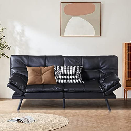 Black Faux Leather Futon Convertible Couch Bed Folding Memory Foam Sleeper Loveseat Adjustable Lounge Futon Sets Sofabed for Living Room,Apartment,Dorm,Office Opoiar