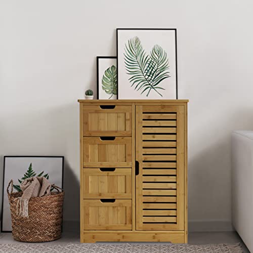 MUPATER Small Storage Cabinet Bamboo with 4 Drawers and 1 Cupboard, Freestanding Compact Floor Towel Cabinet Bamboo for Laundry Room, Entryway and Bedroom, Natural MUPATER
